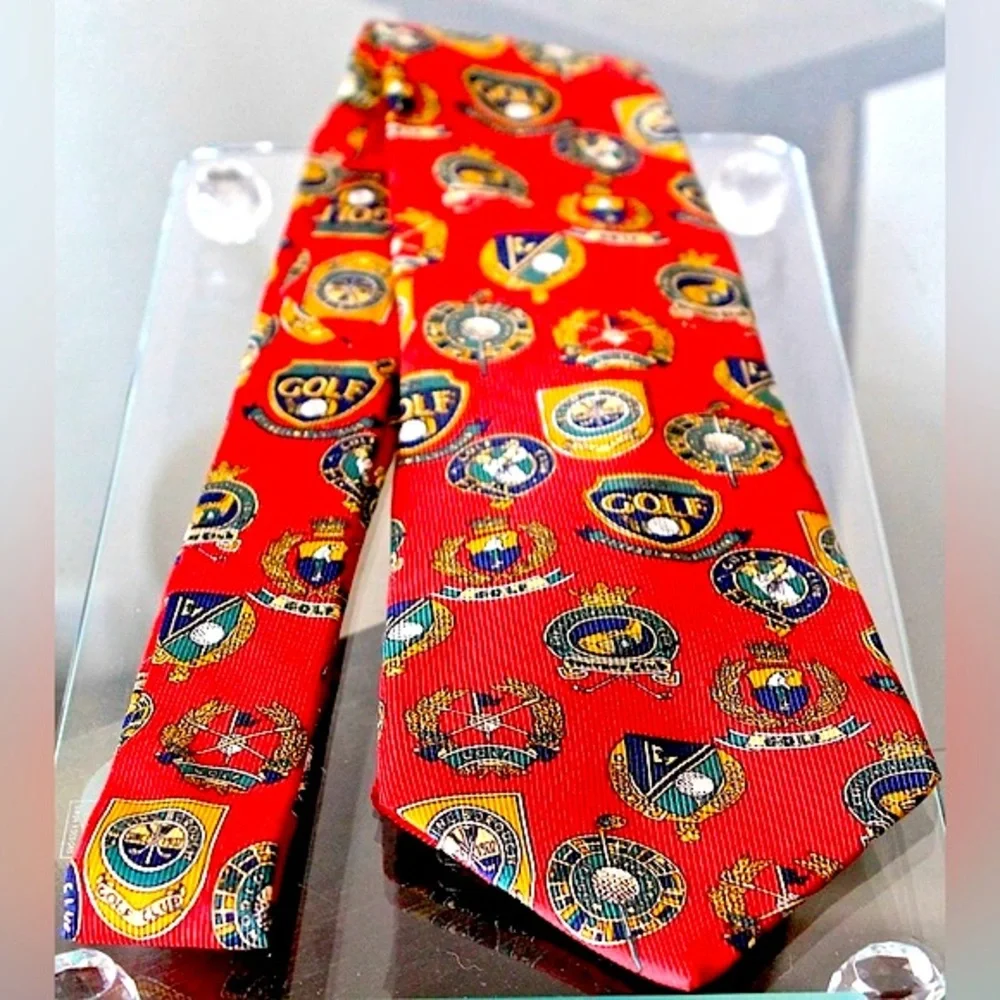 FACCONABLE MENS TIE RED 100% SILK MADE IN FRANCE GOLF GOLD GREEN VINTAGE